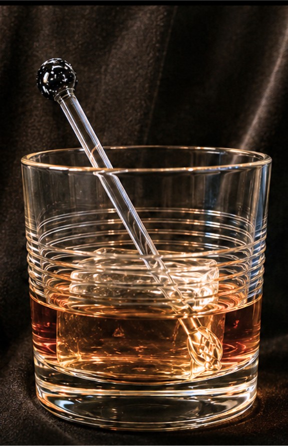 A handmade glass swizzle stick resting in a rocks glass