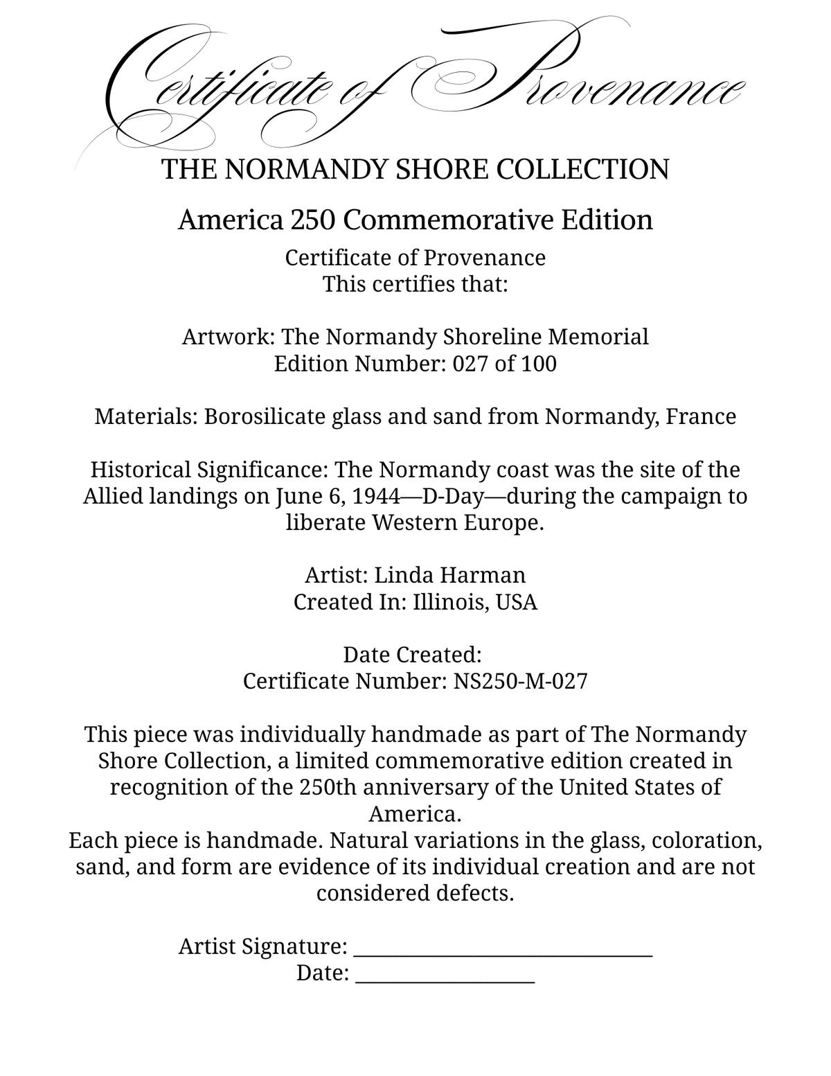 Certificate of Provenance for The Normandy Shore Collection