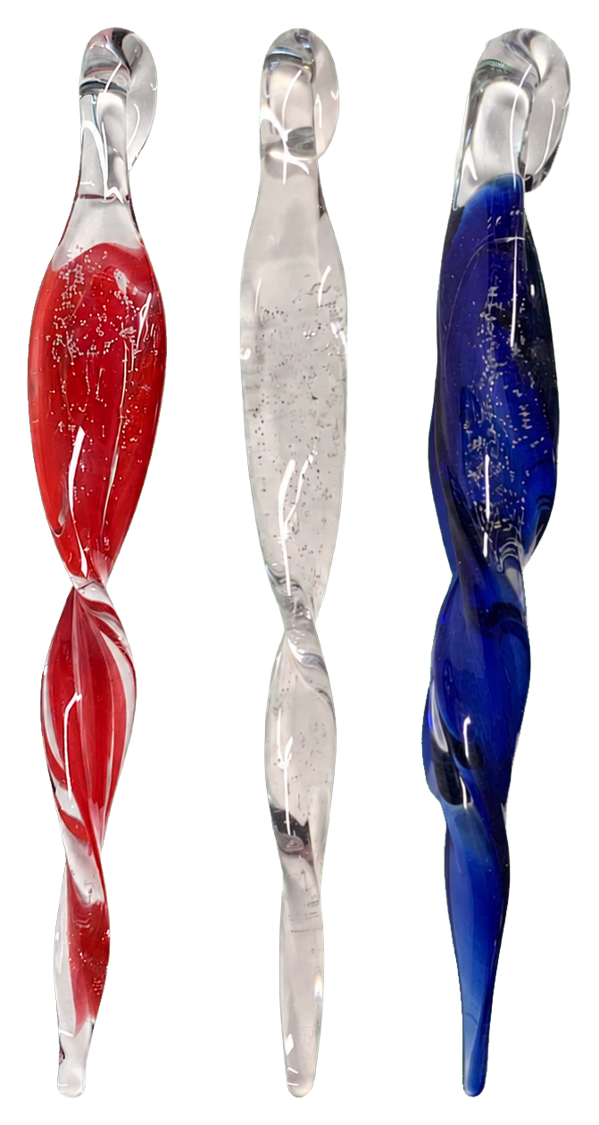 The Liberty Twist Set, three handmade glass twists in red, white, and blue