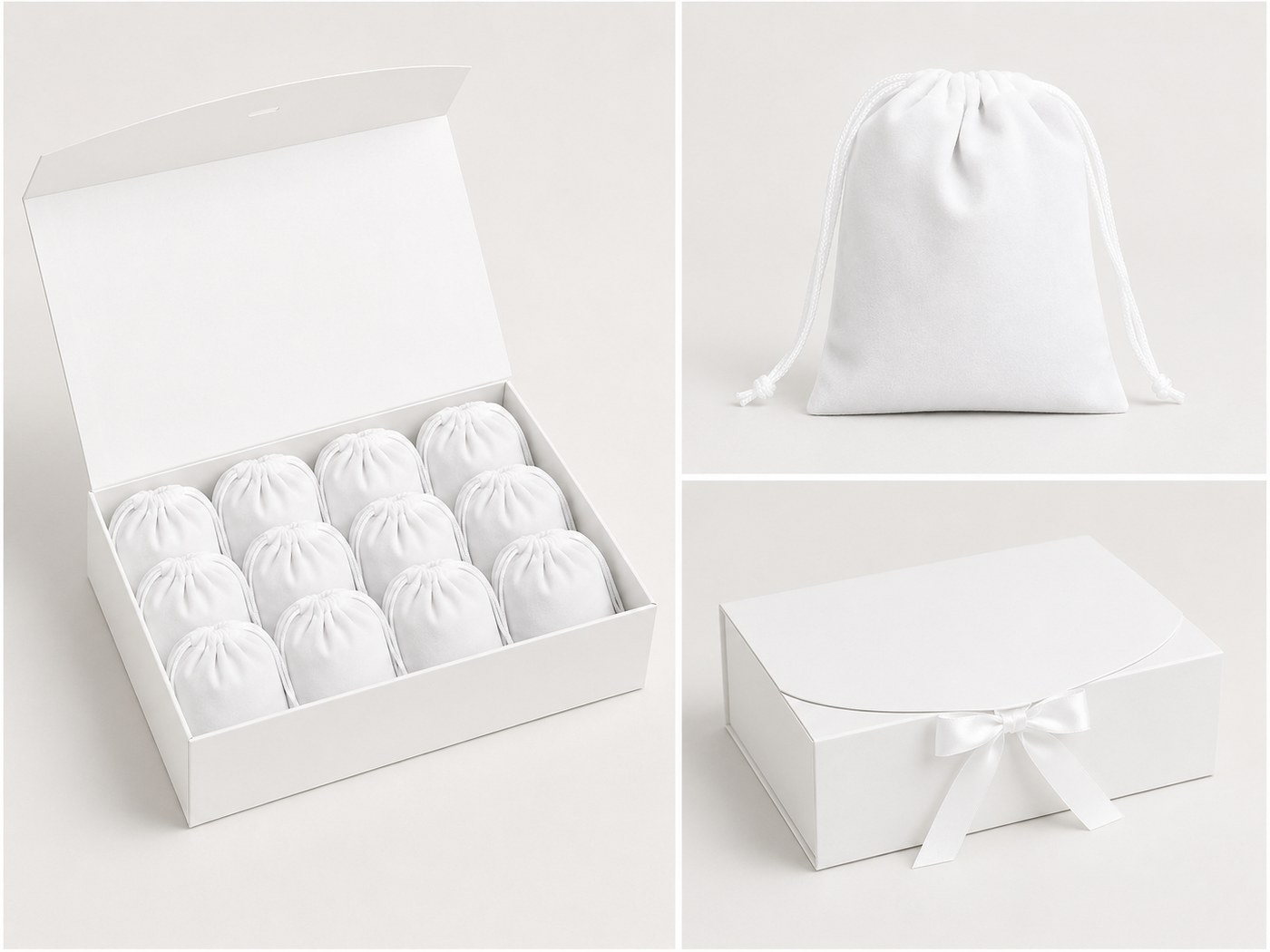 White velvet pouches arranged inside a white presentation box, and the closed box tied with a ribbon