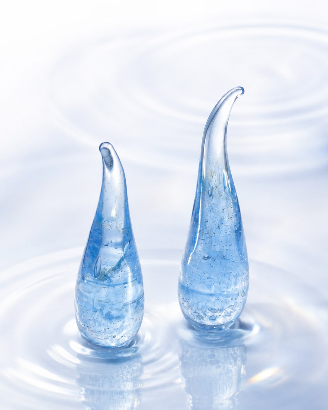 Two standing glass remembrance droplets resting in still water